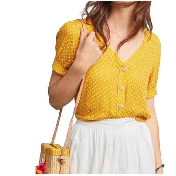 Anthropologie Tops - Maeve by Anthropologie Yellow/White Polka Dot ShortSleeve ButtonDown Retro Top-0